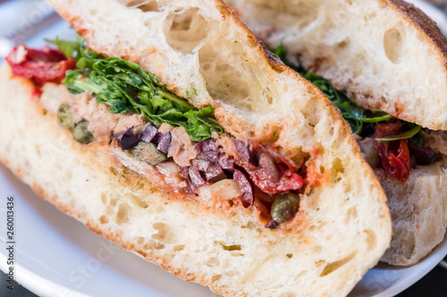 Healthy sandwiches with tuna and raw spring or summer mediterranean vegetables