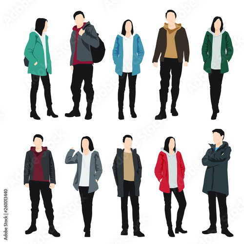 Set of silhouettes of men and women standing in different poses, cartoon character, group of business people, vector illustration, flat designe icon, isolated on white 