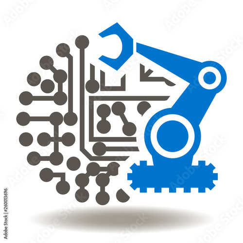 Micro chip with robot manipulator icon vector. Circuit Robotics Hand Symbol. Industry Automation Technology Logo.