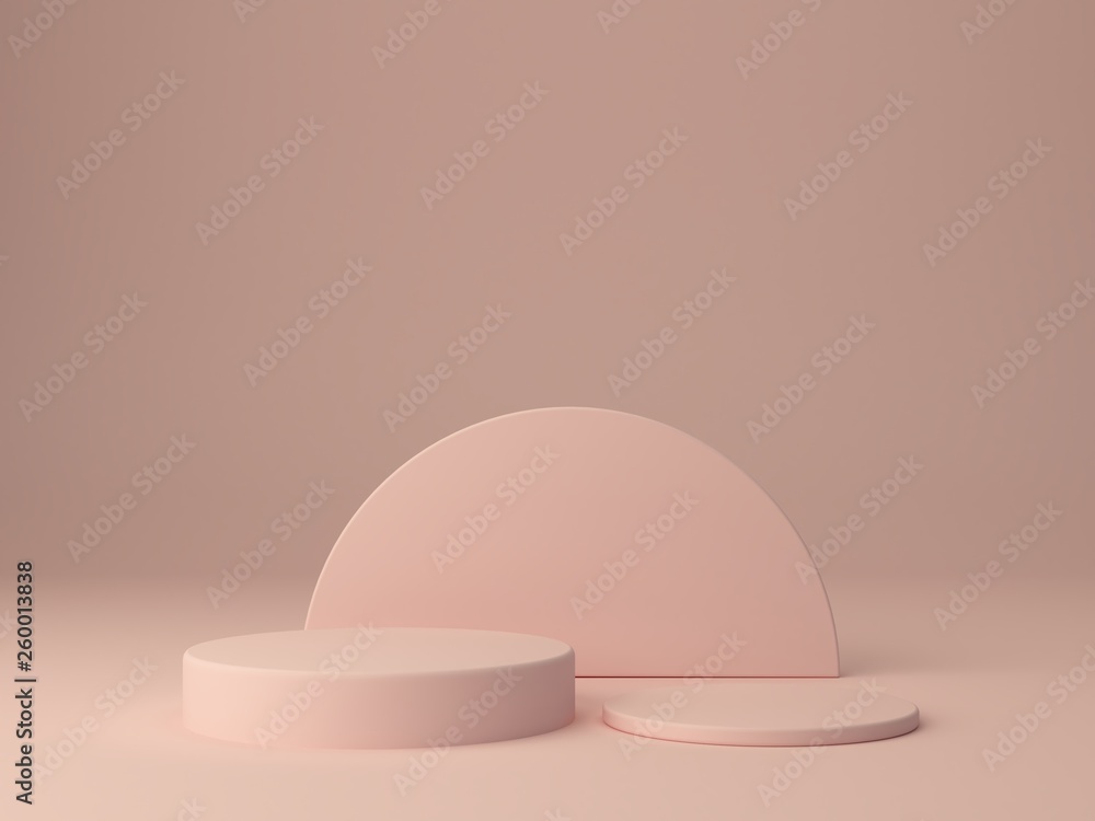Pink shapes on pastel colors abstract background. Minimal cylinder podium. Scene with geometrical forms. Empty showcase for cosmetic product presentation. Fashion magazine. 3d render.  - obrazy, fototapety, plakaty 
