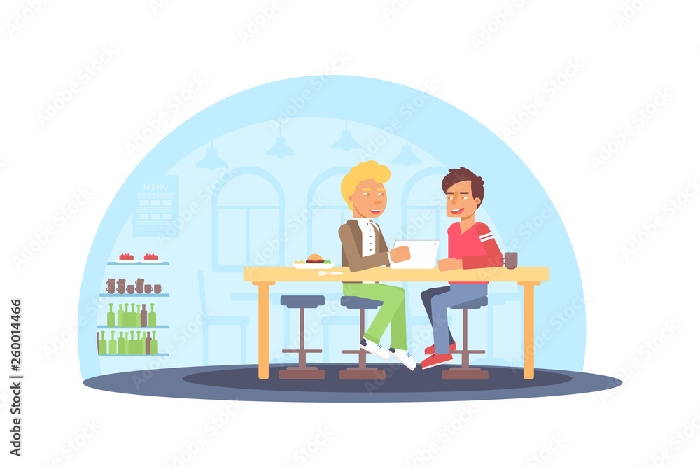 Friends meeting at cafe flat vector illustration