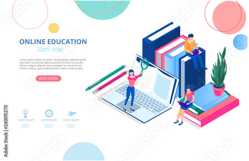 Online education. Background or homepage template with laptop and people studying remotely.