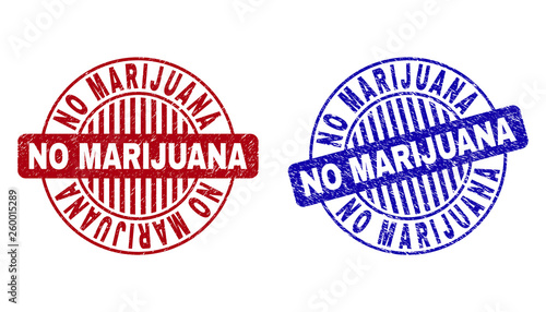 Grunge NO MARIJUANA round stamp seals isolated on a white background. Round seals with distress texture in red and blue colors.