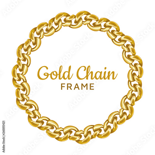 Gold chain round border frame. Wreath circle wavy shape. Jewelry image.