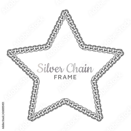 Silver chain star border frame. Wreath starry shape. Jewelry accessory design, text frame. Realistic vector illustration isolated on a white background.