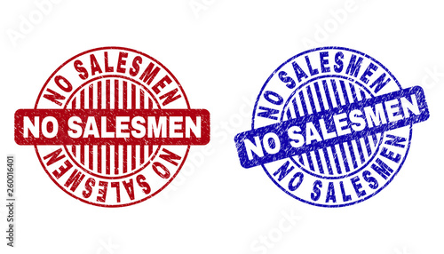 Grunge NO SALESMEN round stamp seals isolated on a white background. Round seals with grunge texture in red and blue colors.