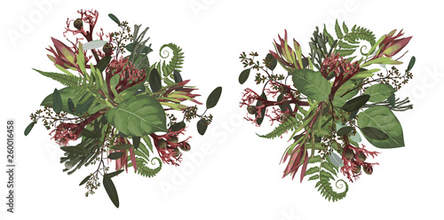 Set of wedding bouquets, Greenery and leaves, branches, brunia, blooming eucalyptus, leucadendron, gaultheria, salal, jatropha.  Floral pastel style border.All elements and editable