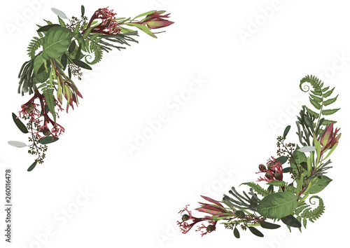 Set of arc, wreath. Greenery and leaves, branches, brunia, blooming eucalyptus, leucadendron, gaultheria, salal, jatropha.  Floral pastel style border.All elements and editable