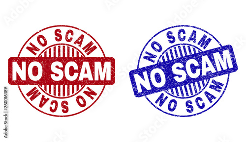Grunge NO SCAM round stamp seals isolated on a white background. Round seals with grunge texture in red and blue colors. Vector rubber watermark of NO SCAM text inside circle form with stripes.
