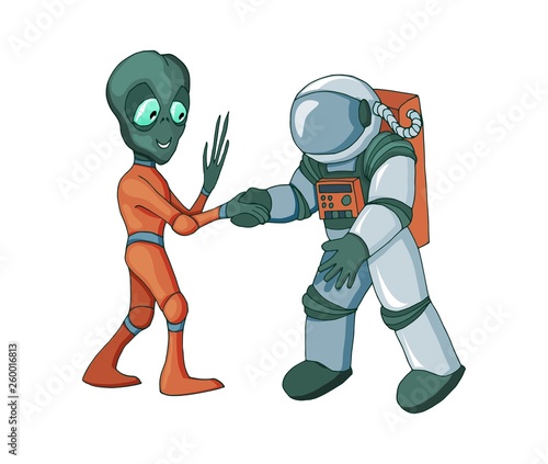 Cartoon alien meeting and handshake in space isolated on white background