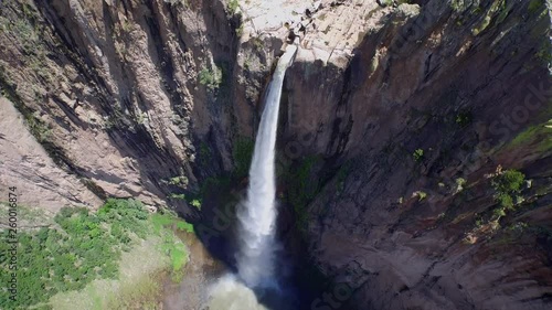 Aerial tilt down shot of the Basaseachi waterfall in the Candamena Canyon, Chihuahua photo