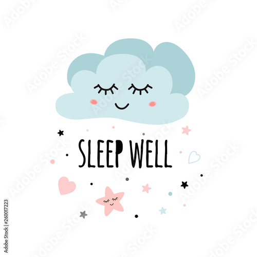 Cute light pink cartoon cloud Wish text Sleep well for baby poster Decor for kids room