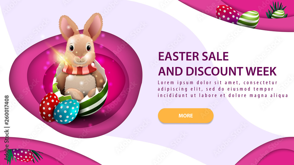 Easter sale and discount week, modern pink horizontal discount banner in paper cut style design with button and Easter Bunny in egg