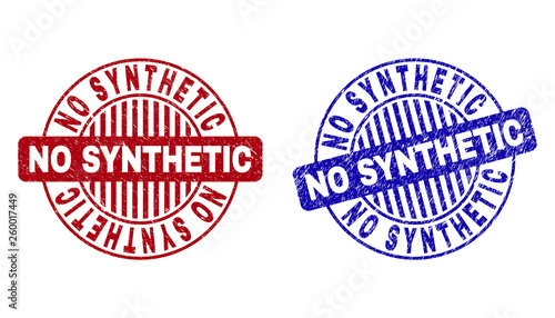 Grunge NO SYNTHETIC round stamp seals isolated on a white background. Round seals with grunge texture in red and blue colors.