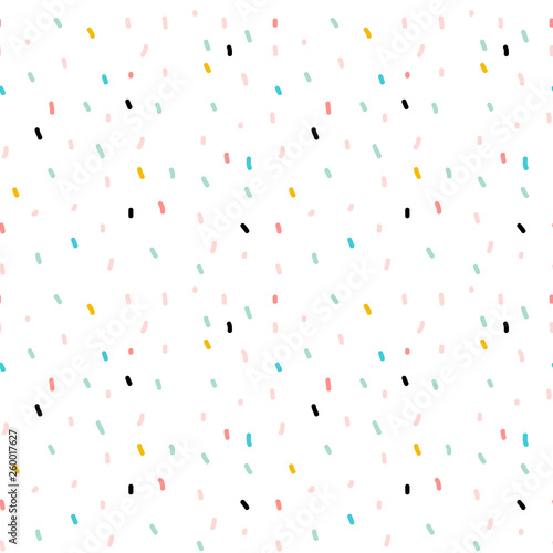 Sketchy Hand Draw Dots Seamless Pattern. Modern blue, pink, yellow graphic print. White background. Vector dotted ornament in pastel colors. Wallpaper, furniture fabric, textile.