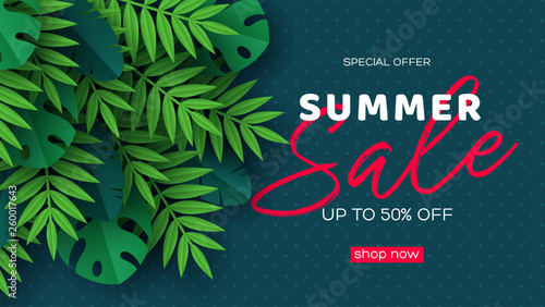 Summer sale banner with exotic jungle tropical palm leaves on dark dotted background. Template for seasonal discounts. Vector illustration.
