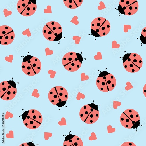 Cute Ladybug and hearts Seamless Pattern Background Vector Illustration
