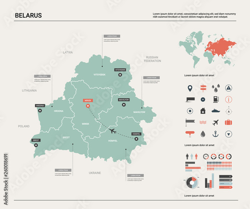 Vector map of Belarus . High detailed country map with division, cities and capital Minsk. Political map, world map, infographic elements.