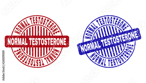 Grunge NORMAL TESTOSTERONE round stamp seals isolated on a white background. Round seals with grunge texture in red and blue colors.