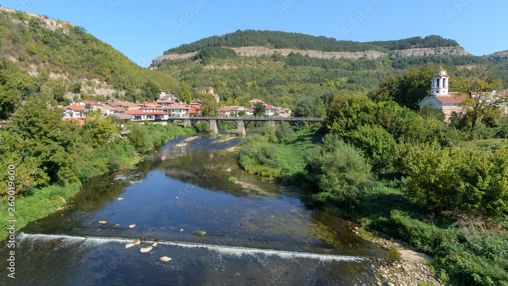 Assenova Masahal district Veliko Tarnovo Bulgaria. Bishops bridge over the river Yantra and the medieval  area of VT
