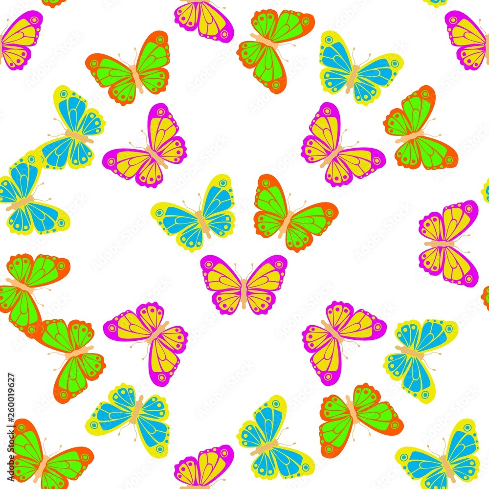 Several beautiful multicolored butterflies on the background. Seamless Wallpaper pattern.  The ability to stretch to any size in all directions without loss of quality.  Vector illustration. 