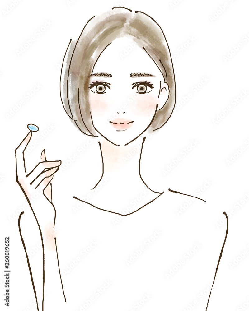 コンタクトレンズを持つ女性 笑顔 人物イラスト 眼科