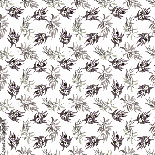 Floral pattern for wallpaper or fabric. Watercolour. Seamless pattern with elements of plants. Hand drawn the watercolour texture. 