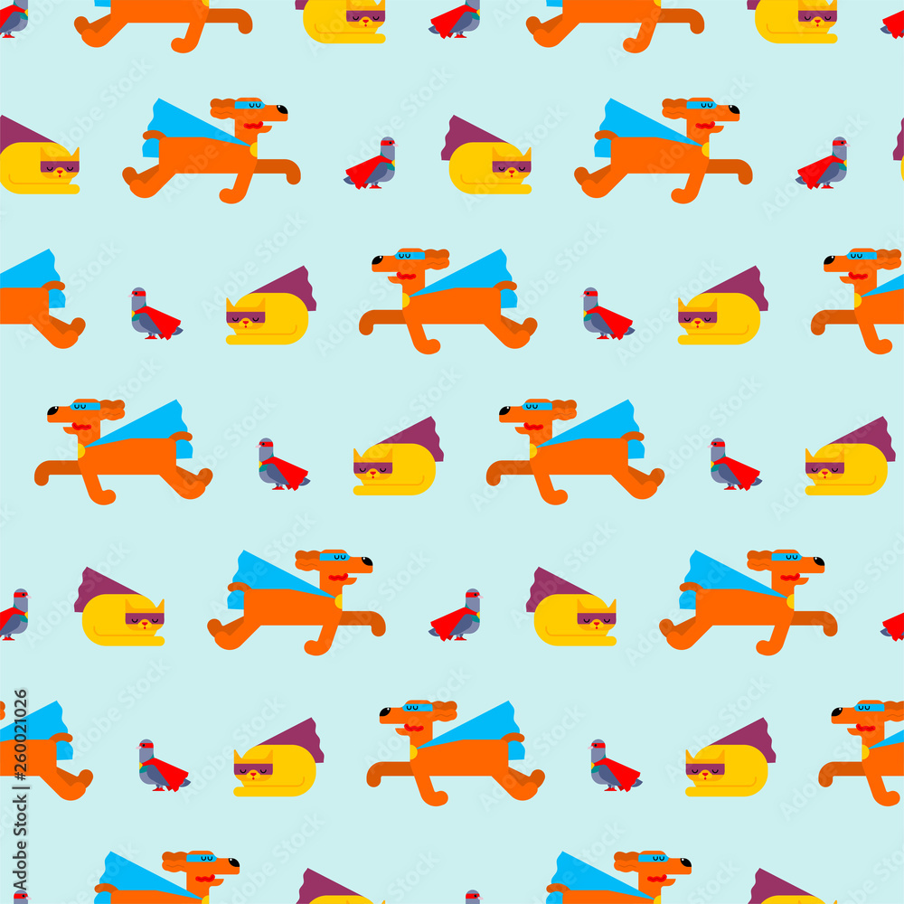 Superhero animals pattern seamless. Super cat and dog and dove in Cloak and mask. Superpowers pet and pigeon. Cartoon style background vector