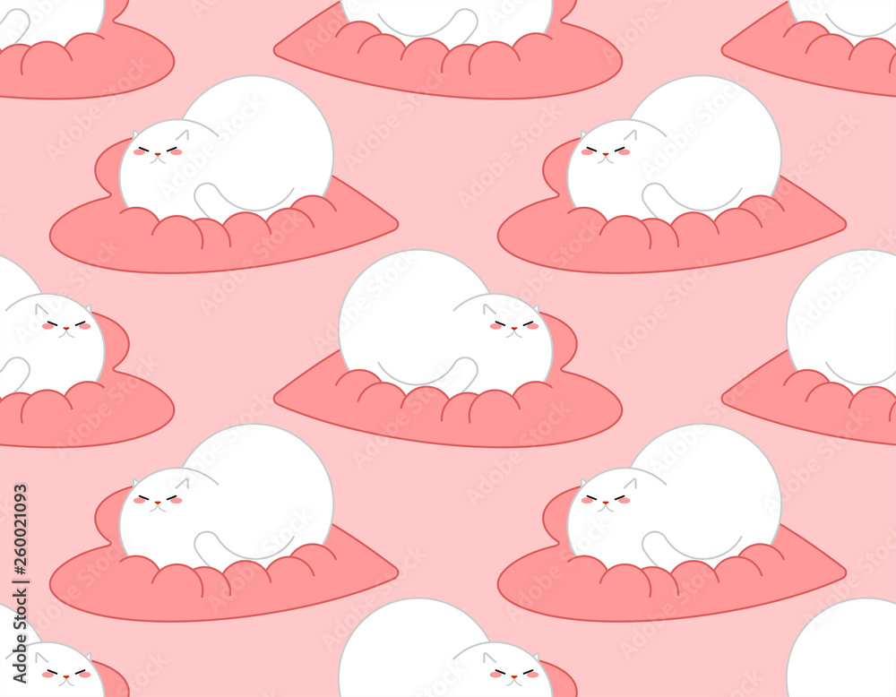 Cat on heart pattern seamless. Pet sleeping soft love background. Cute baby cloth texture vector Cat on heart pattern seamless. Pet sleeping soft love background. Cute baby cloth texture vector