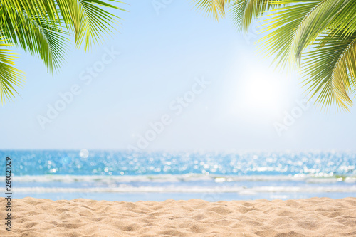 Abstract seascape with palm tree, tropical beach background. blur bokeh light of calm sea and sky. summer vacation background concept.