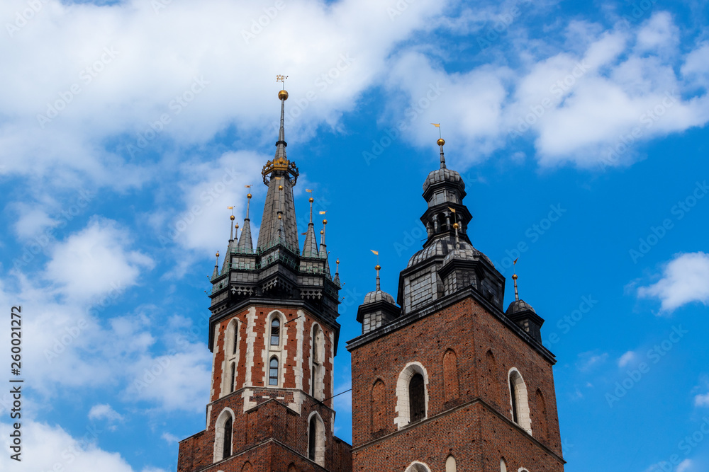 Towers of St. Mary's Church on the Main Square in Krakow, Poland