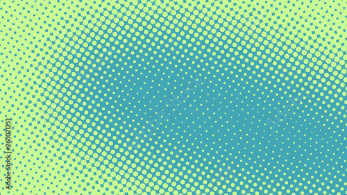 Blue green pop art background in comics style with halftone dots design, vintage kitsch vector backdrop with isolated dots