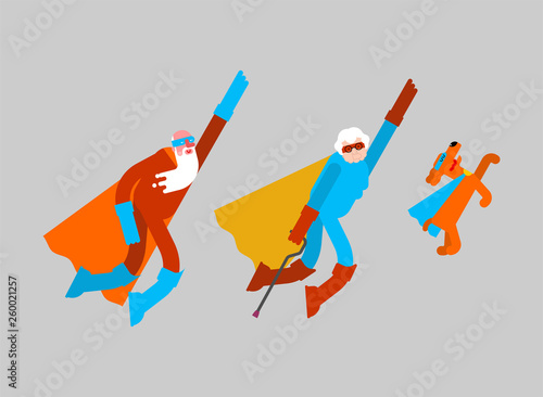 Superhero grandparents and dog. Super grandparent in Cloak and mask. Superpowers old man. Grandfather and grandmother Cartoon style vector