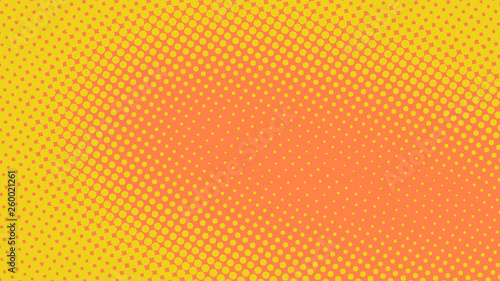 Yellow and orange pop art background in comics style with halftone dots design, vintage kitsch vector backdrop with isolated dots