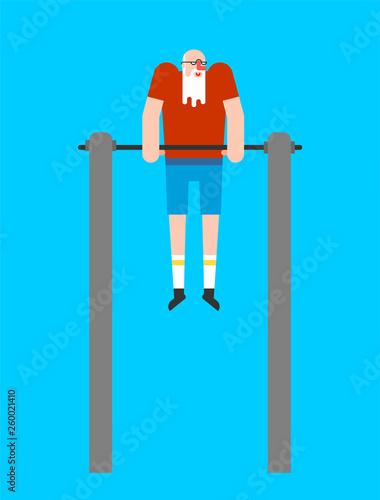 Grandfather on horizontal bar. Pull up granddad street workout. Old man Sport. Fitness for seniors