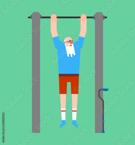 Grandfather on horizontal bar. Pull up granddad street workout. Old man Sport. Fitness for seniors
