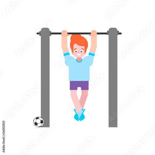 Boy on horizontal bar. Pull up kid street workout. Child fitness Sport illustration cartoon style