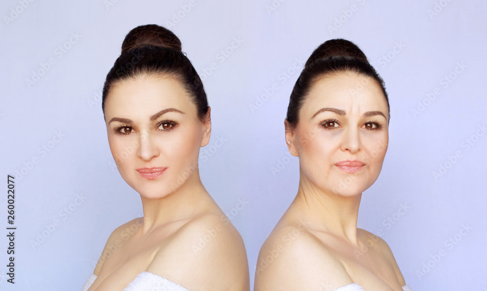 Aging. Mature woman-young woman.Face with skin problem.Showing photos before and after Aging. Mature woman-young woman.Face with skin problem.Showing photos before and after