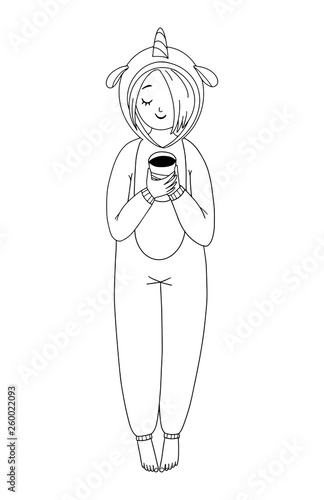 Girl's wearing sleepwear and holding a cup of tea. Black and white outline isolated illustration on a whithe background.