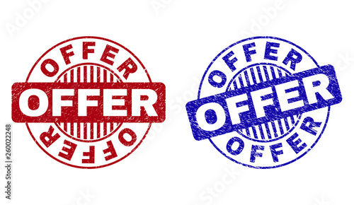 Grunge OFFER round stamp seals isolated on a white background. Round seals with grunge texture in red and blue colors. Vector rubber overlay of OFFER tag inside circle form with stripes.