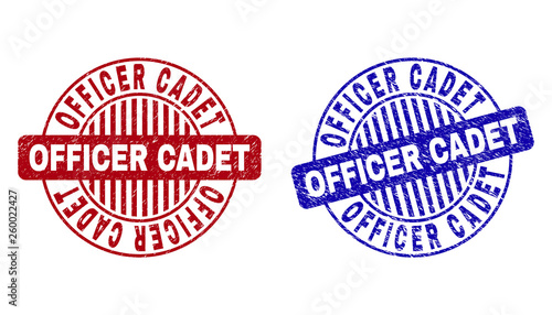 Grunge OFFICER CADET round stamp seals isolated on a white background. Round seals with grunge texture in red and blue colors.