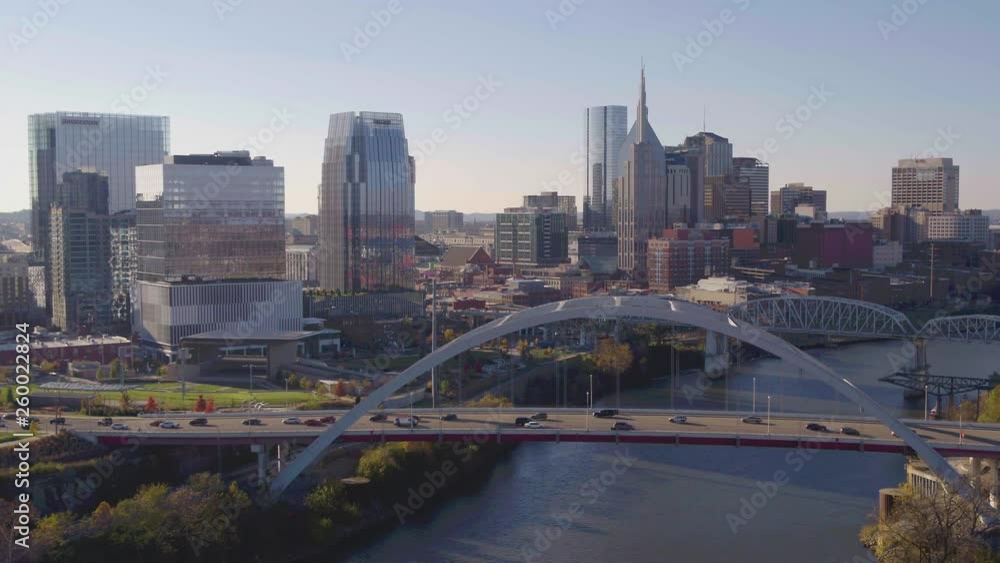 Wide aerial view of Cars traveling over Korean War Veterans Memorial Bridge in the early morning, slow motion Nashville 4k Wide aerial view of Cars traveling over Korean War Veterans Memorial Bridge in the early morning, slow motion Nashville 4k
