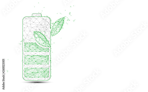 Green battery and plant form lines and triangles, point connecting network background. Ecology concept