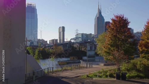 Autumn sunrise over Nashville city, beautiful sunny day. Dolly forward and back 4k photo