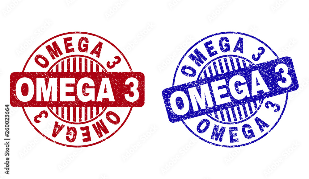 Grunge OMEGA 3 round stamp seals isolated on a white background. Round seals with grunge texture in red and blue colors. Vector rubber overlay of OMEGA 3 text inside circle form with stripes. Grunge OMEGA 3 round stamp seals isolated on a white background. Round seals with grunge texture in red and blue colors. Vector rubber overlay of OMEGA 3 text inside circle form with stripes.
