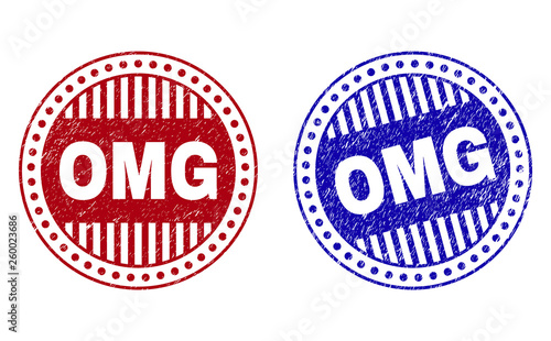 Grunge OMG round stamp seals isolated on a white background. Round seals with grunge texture in red and blue colors. Vector rubber overlay of OMG text inside circle form with stripes.