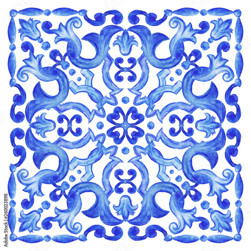 Azulejos Portuguese watercolorAzulejos - Portuguese tiles blue watercolor pattern. Traditional tribal ornament photo