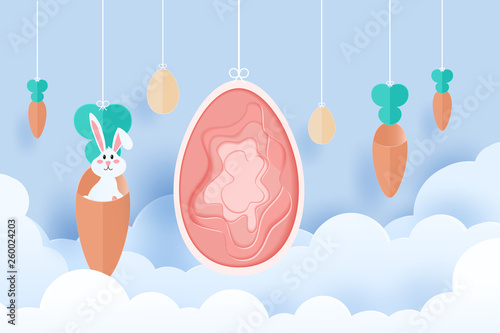 Happy Easter paper art. Easter egg and Bunny in paper cut style.