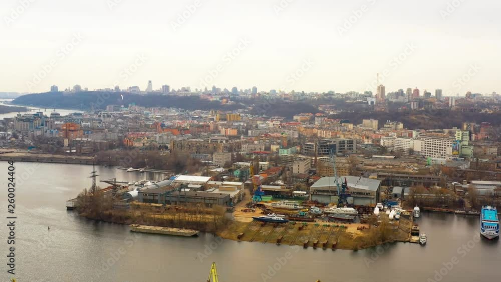 Aerial view of Kiev near the Dnieper river, harbor area below. Aerial view of Kiev near the Dnieper river, harbor area below.
