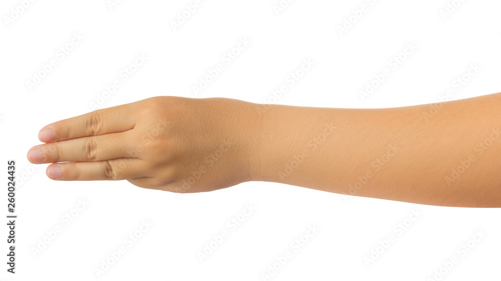 Human hand in reach out one's hand and counting number three fingers gesture isolate on white background with clipping path, High resolution and low contrast for retouch or graphic design